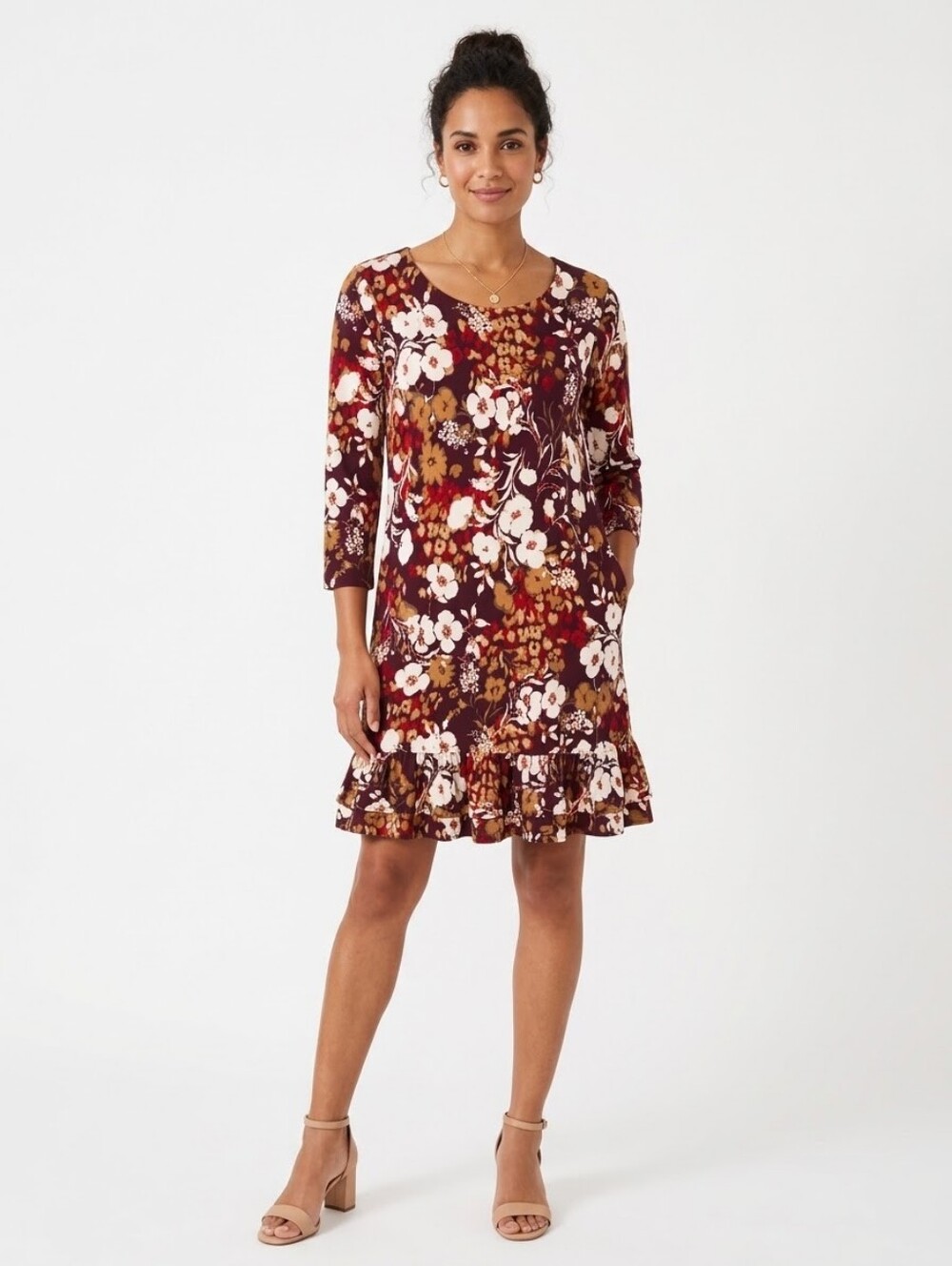 Tommy Hilfiger Fall Vibes Burgundy Floral Ruffle-Hem Mini Dress